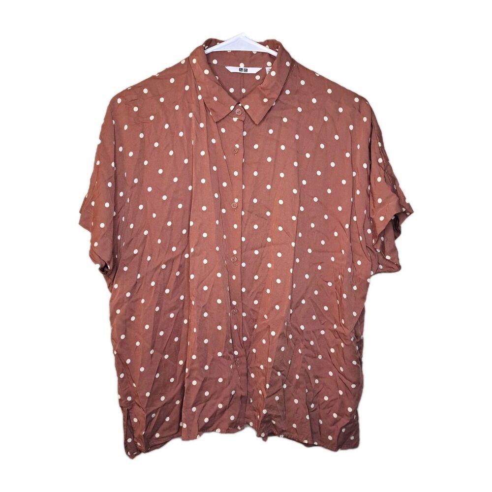 Uniqlo Women 100% Rayon Polka Dot Blouse Button Up Size S Short Sleeve - Picture 2 of 10